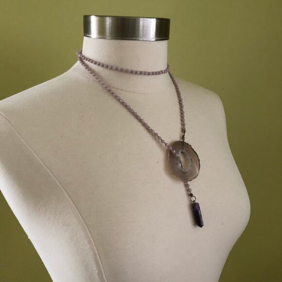 Lavender Geode Pendant Crystal Bead Lariat Necklace Boho Festival Handmade - Picture 3 of 4